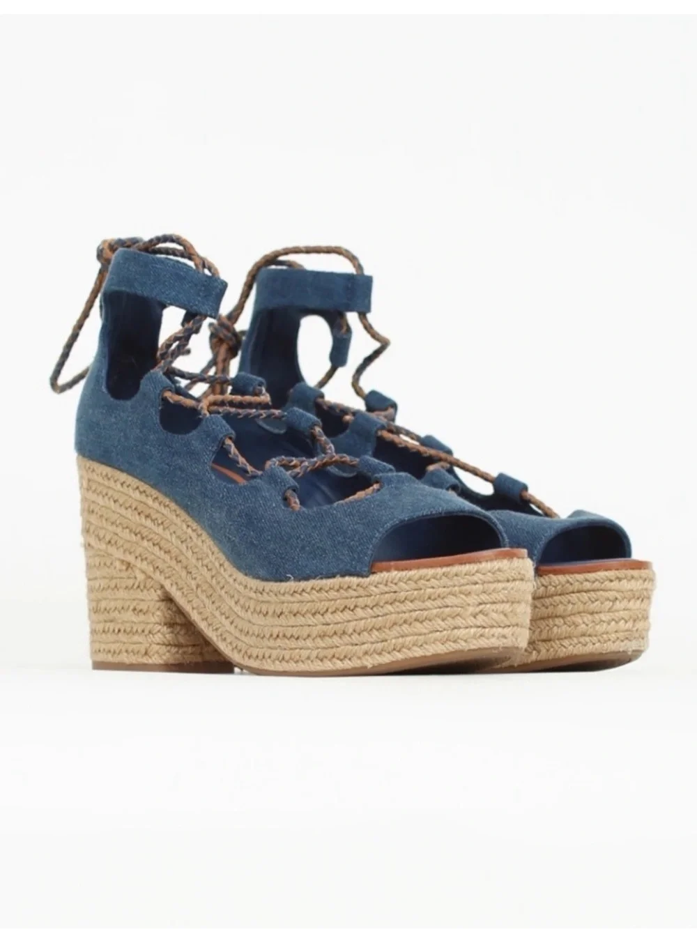 Tory Burch Women’s  Blue Lace-Up Espadrille Wedge Sandals